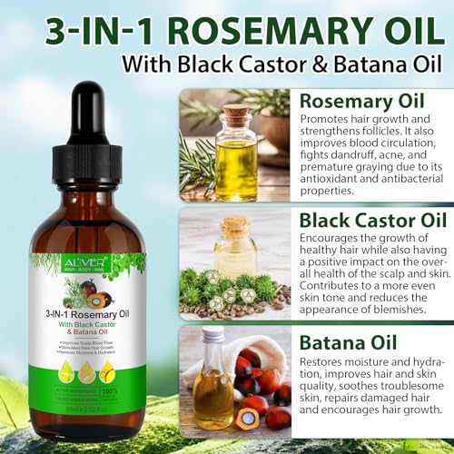 3-in-1 Natural Rosemary Oil 60ml - With Black Sesame and Batana Oil, Rich in Active Ingredients: Nourishes Scalp and Promotes Hair Growth