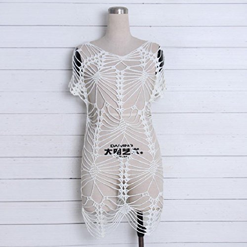 ShenPr Women Bathing Openwork Irregular Skull Net Crochet Smock Bikini Swimwear Beach Cover Up (White, XL)
