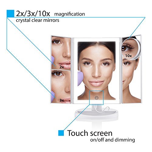 Lighted Makeup Mirror with Magnification - Trifold Desktop+10x Magnifying Cosmetic Mirrors - Vanity Makeup Mirror with Led Lights - Battery or Electric - Already equipped with long 6.6 ft Cord+Charger - Thumbnail 2