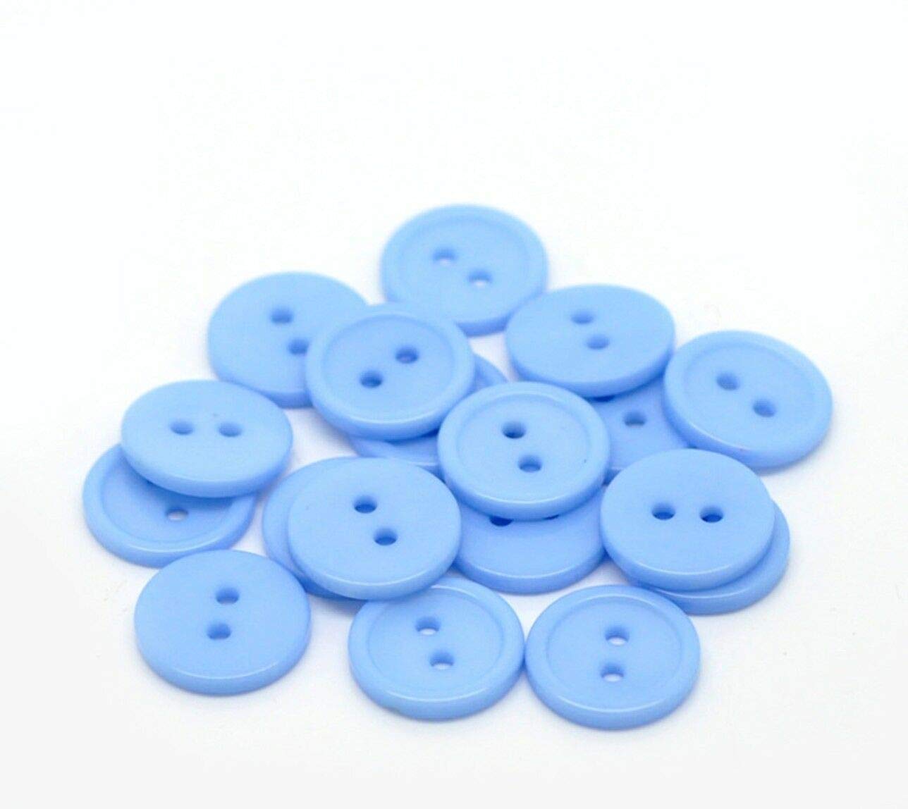 200 x Blue Round Ridge 15mm Resin Buttons with 2 Sewing Holes. for Clothes Kniting and General Arts and Crafts. (Blue, 15mm)