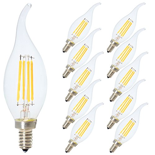 10 Pack E12 Candelabra Base 4W Dimmable COB LED Filament Flame Tip Vintage Candle Light Bulb Warm White 2700K For Home,Kitchen,Dining Room,Bedroom,Living Room,40W Incandescent Replacement