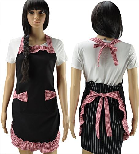 LinRin Cute Flirty Womens cotton Aprons Fashionable for Girls Vintage Cooking Retro special Apron with Pockets (black red)