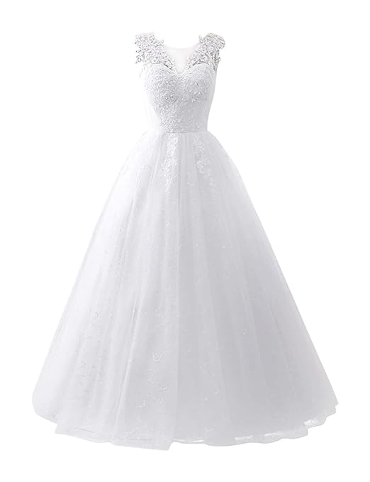 besbomig Damen V-Ausschnitt Ärmellos Brautkleid Lang Hochzeitskleider A Linie - Mädchen Elegant Spitze Weiß Bodenlang Abendkl