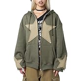 ROAONOCOMO Women Y2K Zip Up Hoodie Star Printed Oversized Sweatshirts Fairy Grunge Graphic Hooded Jacket Harajuku Streetwear