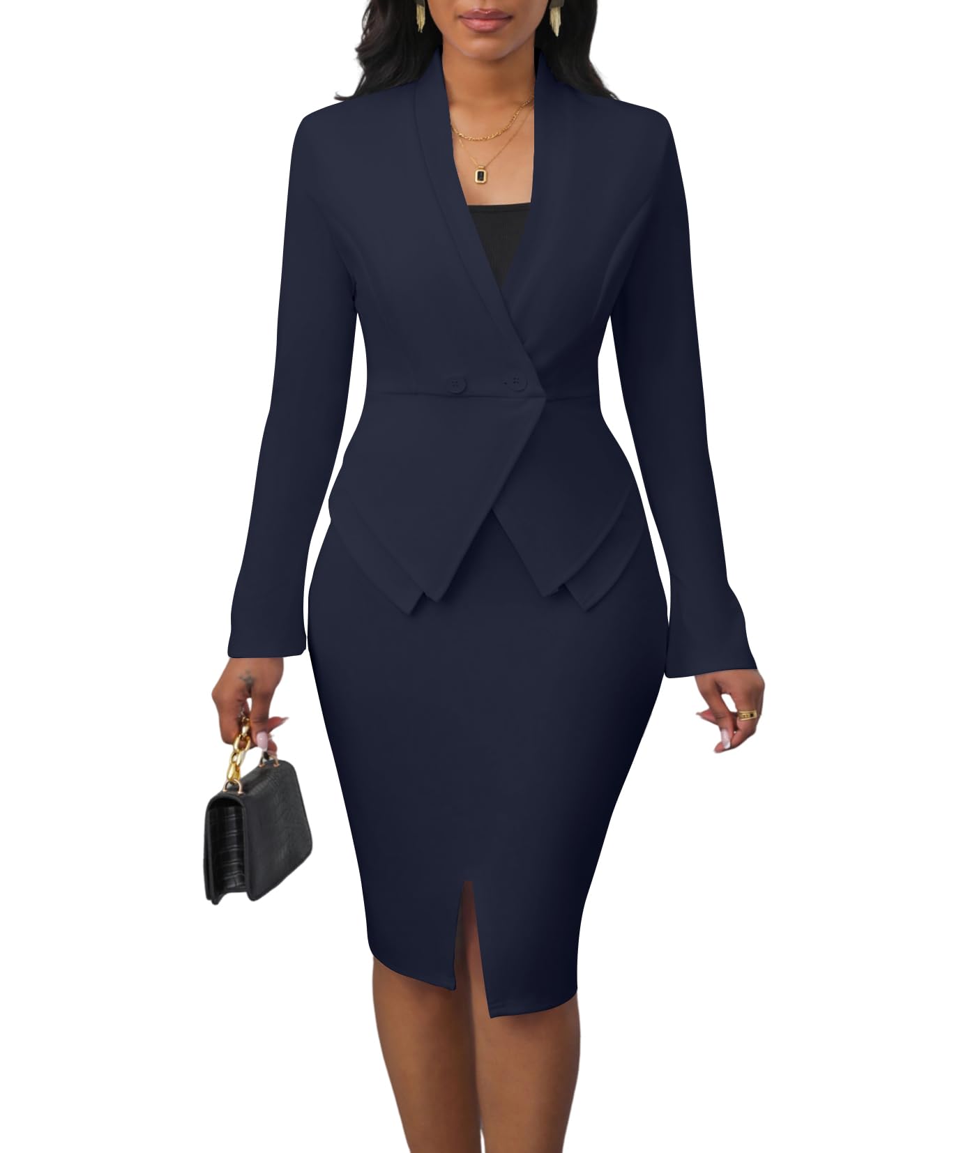Photo 1 of Women's 2 Piece Business Suit Set Casual Long Sleeve Blazer Pencil Skirt Sets Church Outfits Navy Blue, S