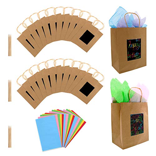 24 Brown Kraft Paper Gift Bags with Scratch Paper Panel for Customization, Tissue Paper Included! Unique Bulk Paper Bags with Handles are Great as Small Gift Bags, Party Favor Bags & Kraft Paper Bags