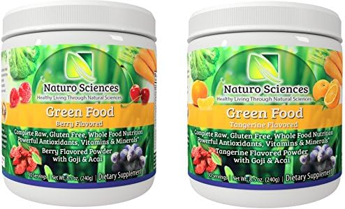 Natural Greens Food By Naturo Sciences - Complete Raw Whole Green Food Nutrition with Super Powerful Antioxidants, Vitamins, Minerals - Two Pack - Two Flavors - Berry and Tangerine - One of each