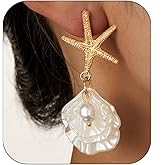 KHKINDPRO 14k gold Stud Starfish Earrings for Women Trendy，Plated Dangle Seashell Earring with Pearl Beach Accessories Earrings Boho coastal Jewelry Gifts
