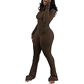 Adogirl Two Piece Sets for Women Tracksuit Long Sleeve Zipper Crop Jacket Flare Pants Workout Set With Pocket Sweatsuits Brown S