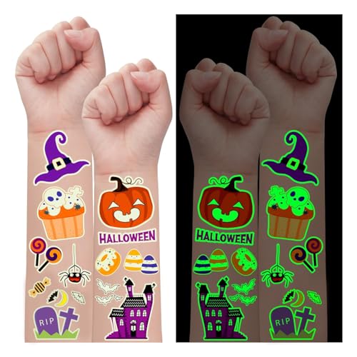 Partywind Glow Halloween Party Decorations for Kids, 125 Styles Luminous Halloween Tattoos with Pumpkin/Zombie/Ghost, Goodie Bag Stuffers Treats for Halloween Party Supplies (10 Sheets)