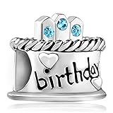 Charmed Craft 925 Sterling Silver Happy Birthday Cake Birthstone Charms Crystal Beads For Bracelets (Mar-Blue)