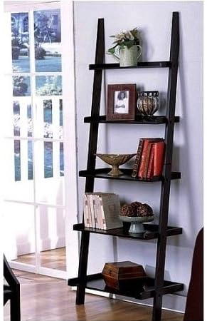 Unique 72" High LEANING LADDER STYLE MAGAZINE / BOOK SHELF on Black Finish with Mini Tool Box (cog)