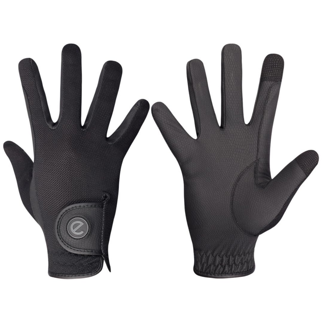 eGlove - eQUEST GripPro X-LITE Horse Riding Gloves - Lightweight, Breathable, Grippy Non-Slip Material - Comfort Mesh Back - Touchscreen Gloves (BLACK - PLAIN CUFF, XXX-Small)