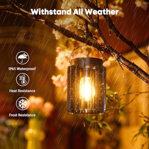 RECHOO Solar Lights for Outdoor Garden Hanging, Pack of 2 Solar Lanterns for Outdoor Use with Large LED Bulb, IP65 Waterproof Solar Lights for Outdoor Use with Clip for Patio, Lawn, Balcony, Yard, Garden Decoration