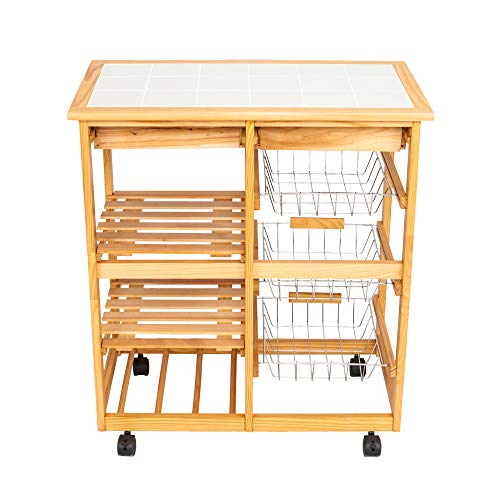 Alwaysprekit Rolling Kitchen Island Cart Kitchen & Dining Room Cart 2-Drawer Removable Storage Rack with Rolling Wheels Kitchen Utility Cart Wood Color