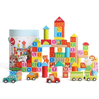 iwood Wooden Building Blocks Set, Classic Premium Quality Wood (100-pieces)
