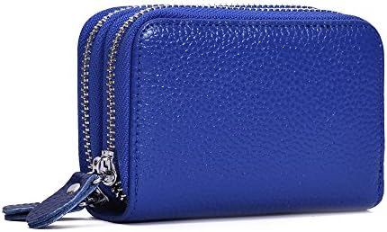 RFID Blocking Credit Card wallet for women, Double zipper Genuine Leather Credit Card Wallet for Safe Security Travel Wallet (Blue)
