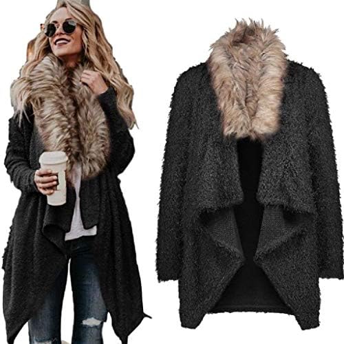 Women Casual Long Sleeve Lapel Open Front Faux Shearling Shaggy Winter Warm Jacket Long Cardigan Coat