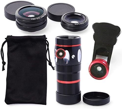 Jielin 4 in 1 Universal 10x Mobile Phone Telescope Clip Camera Lenses 0.67X Wide-angle 180¡ã Fisheye Macro Lens(Red)