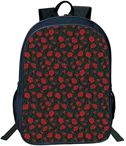 DKFDS Backpacks Unisex School Students Black Red Black,Rose Swirls Ivy Plants Dark Mysterious Forest Themed Pattern,Charcoal Grey Ruby Kids,