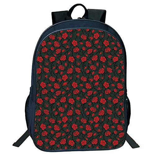 DKFDS Backpacks Unisex School Students Black Red Black,Rose Swirls Ivy Plants Dark Mysterious Forest Themed Pattern,Charcoal Grey Ruby Kids,