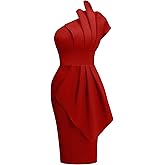 Memoriesea Women's Elegant One Shoulder Pleated Detail Bodycon Party Club Midi Dress