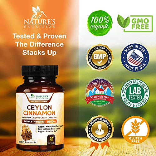 True Organic Ceylon Cinnamon Highest Potency Standardized 1800mg - Organic Ceylon Cinnamon Pills - Blood Sugar Levels Support Supplement, Vegan Anti-Inflammatory for Joint Pain Relief - 60 Capsules