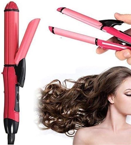 QOZWEID 2-in-1 Ceramic Plate Essential Combo Beauty Set of Hair Straightener and Curler for Women (Pink)