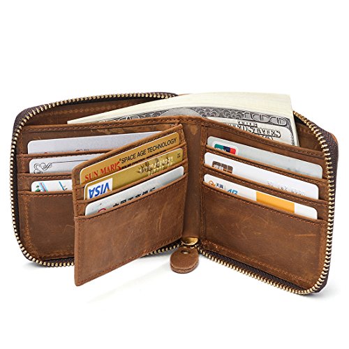 Huztencor Zipper Wallet Men Leather RFID Blocking Wallets for Men with ID Card Window Secure Zip Around Bifold Wallets Brown(FBA)
