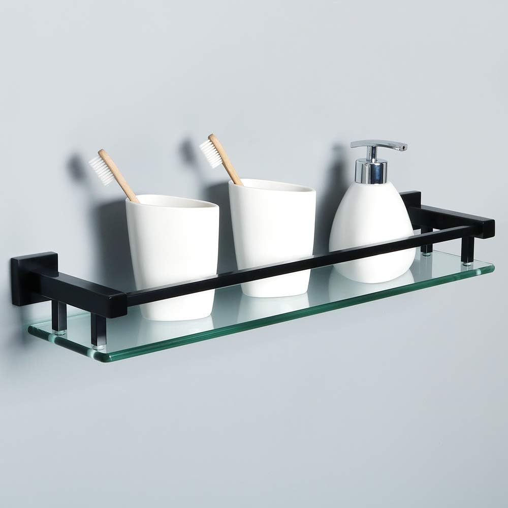 SAYAYO Tempered Glass Shelf Square Bathroom Shelf with Rail Wall Mounted 20 inches, Stainless Steel Matte Black, EGC2000-B - Image 3
