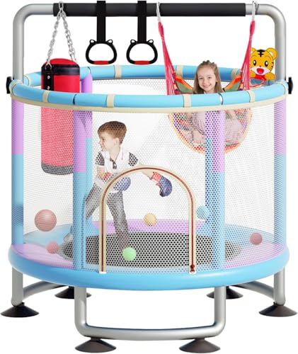 5-in-1 Toddler Trampoline for Kids, Upgrade 60"Trampoline for Toddler Indoor Outdoor, Trampoline with Safety Enclosure Net and Swing, Ocean ball, Children's sandbag