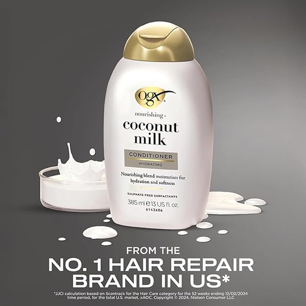 OGX NOURISHING + COCONUT MILK CONDITIONER, HYDRATING & RESTORING CONDITIONER MOISTURIZES FOR SOFT HAIR AFTER THE FIRST USE, PARABENS-FREE, SULFATE-FREE SURFACTANTS, 13 FL. OZ