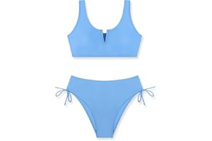 Glaoly Girls Swimsuit 2 Piece V-Neck Cutout Girls' Swimwear Top High Waisted Bottom Bathing Suits for Teens 7-16 Years