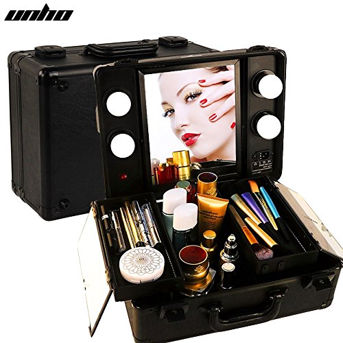 UNHO LED 4 Light Makeup Case with Lights and Tilt Mirror Makeup Case with Customized Dividers Large Makeup Artist Organizer Kit Black.