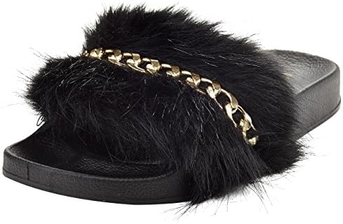 Henry Ferrera Women's Faux Fur Chain Link Slide Sandals, Black, Size 6'