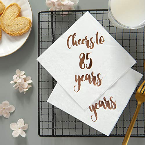 Cheers to 85 Years Cocktail Napkins, 50-Pack 3ply White Rose Gold 85th Birthday Dinner Celebration Party Decoration Napkin