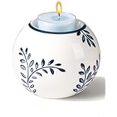 Magclay Ceramic Tealight Candle Holder, Chinoiserie Candlestick Holder for Taper Candle, Blue and White Decor, Leaf