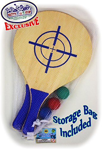 Matty's Toy Stop Deluxe Wooden Paddle Ball Game Set with 3 Solid Rubber Balls & Mesh Storage Bag - Thumbnail 2