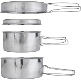 BeGrit Stainless Steel Camping Cookware Pot and Pan Set for Backpacking | 1.72lbs 8-piece stainless steel camping cook set with folding handles. Includes pots, pan, plates &amp; cups for 1-2 people