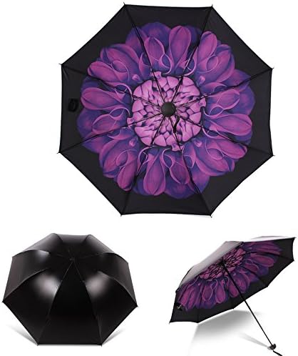 Lonni Windproof Travel Umbrella,Portable Sunpoof Umbrella with Bloom Flower Black Vinyl Coating for Women Girl Outdoor Sports Camping Walking
