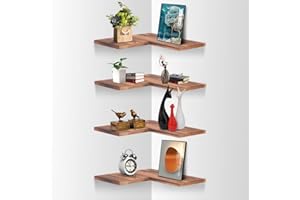 FEHAONST Solid Wood Set of 4 Rustic Corner Shelves Wall Mounted Floating Wall Storage Shelf L- Shape Hanging Shelf Display Decor for Bathroom Bedroom Kitchen Living Room Pantry Bar Shop Carbonized Brown