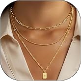 KNOJKO 3 Layered Gold Chain Necklaces for Women Stackable Paperclip Box Chain Set with Square CZ Pendant Adjustable Multi Layer Choker Necklace for Daily Party Wear