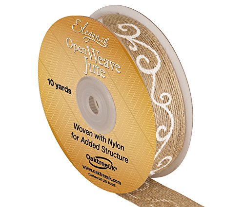 Eleganza Open Weave Jute Filigree Print 25mm x 10 Yards White No.01