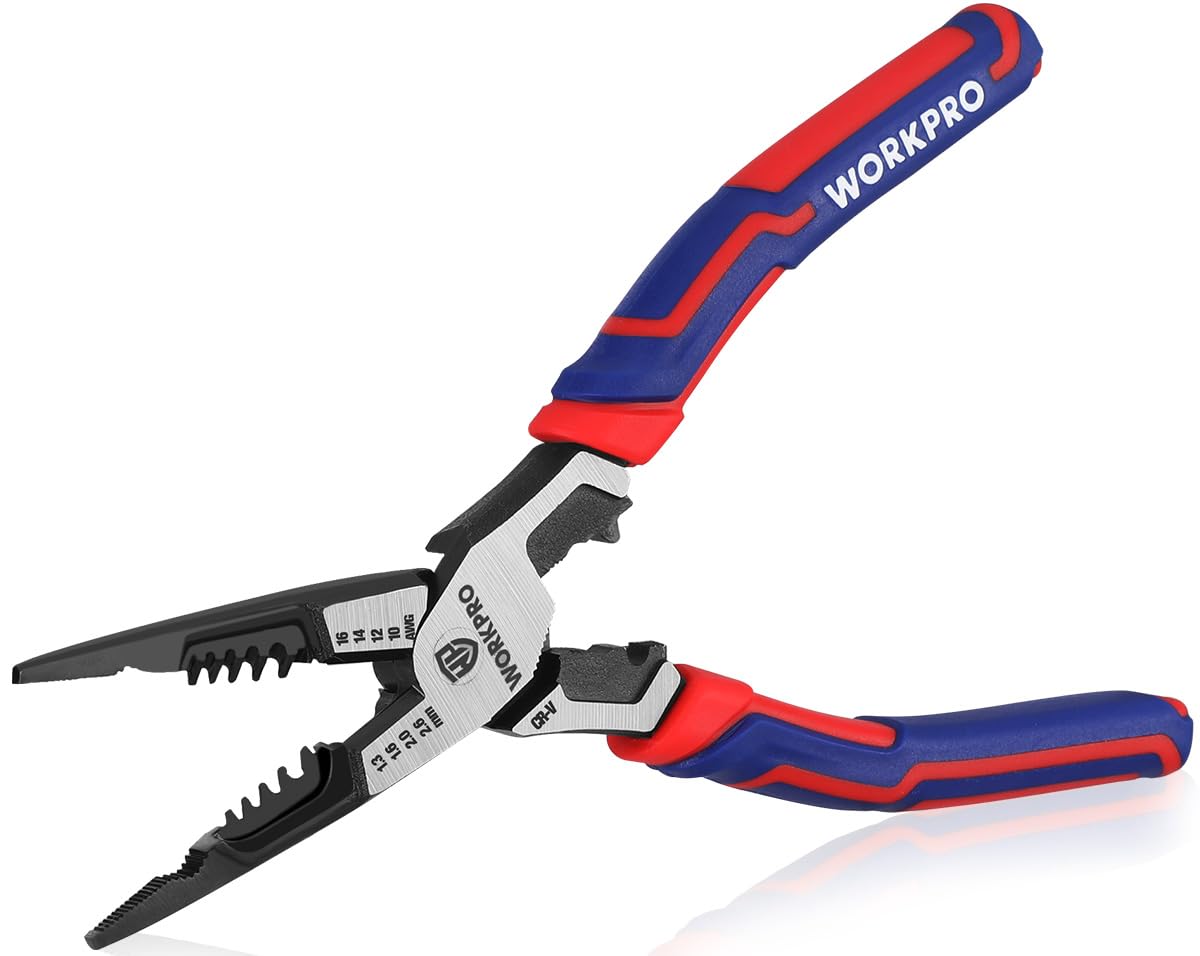 WORKPRO 7-in-1 200 mm Needle-Nose Pliers, Wire Stripper/Cutter/Crimper and Spanner, Long Nose Pilers for 1.3-2.6 mm Wire, Cr-V Multi Hand Tools for Electrician