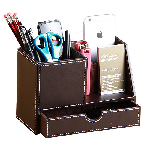 Leather Multi-function Desk Stationery Organizer Storage Box Pen/Pencil Remote Control Business Cards Stand Holder organizer Office Table Accessories (Brown-large) - Thumbnail 2