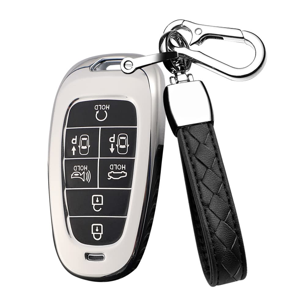 HIBEYO Smartkry Car Key Case Fits Hyundai Key Case Silicone Key Protector for Hyundai Sonata Nexo DN8 Santa Fe Tucson NX4 Ioniq 2022 Remote Control Key Case 7 Buttons Silver