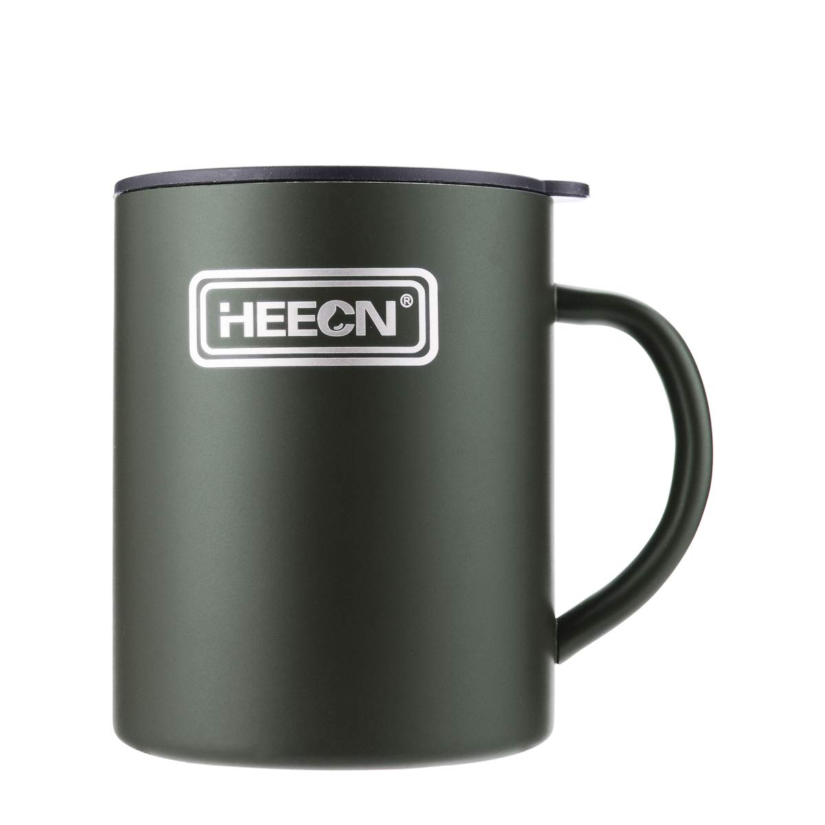 HEECN Camping Mugs - Double Walled Stainless Steel Mug for Hot Drinks with Lid - Army Green - Backpacking – Trekking – Hiking - HESS-038BG (16oz with Push lid)
