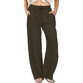 FireSwan Womens Palazzo Pants Casual Drawstring Flowy Pants Wide Leg Summer Beach Linen Trousers with Pockets