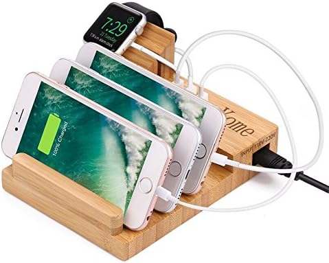 Apple Watch Stand Bamboo Charging Station for Multiple Devices, Yome Wood Docking Station Organizer Stand with 3 USB Ports, Holder Cradle for iWatch &amp; iPhone X, 8, 7, 6s &amp; Tablet &amp; iPad