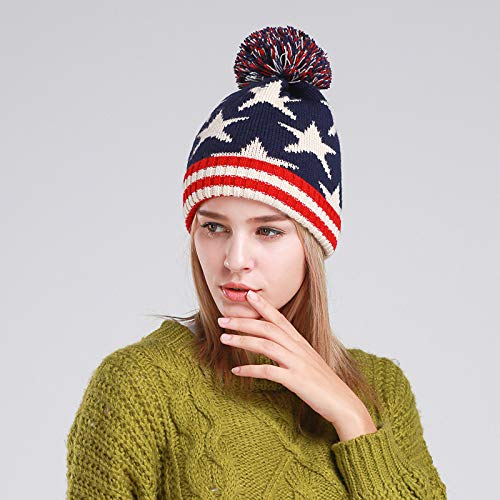 Delila Winter Knitted Pom Beanies Warm Patriotic Skull Cap for Women Men Acrylic Slouchy Ribbed Hat